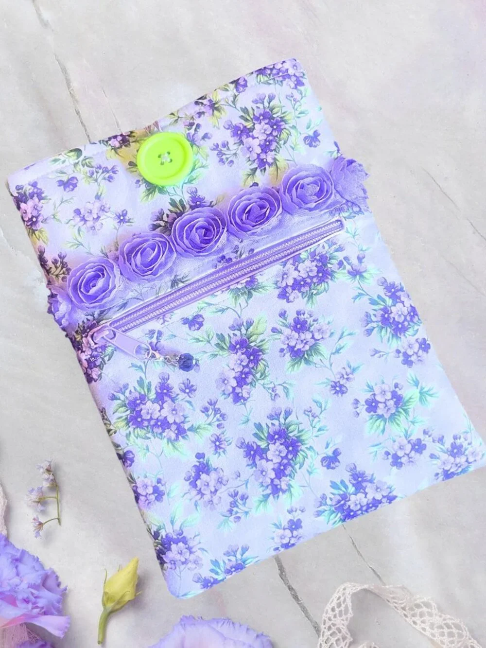 NWOT Front Zipper Pocket, Padded Handmade Mini Book Sleeve, eReader Button Pouch
